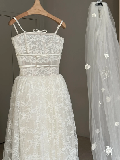 Cute Ball Gown Spaghetti Straps White Bow Lace Wedding Dress SH5077 (without Veil)