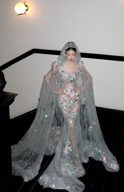 Glamorous Silver Tulle Sequin Beaded Butterfly Appliques Mermaid Long Wedding Dress Formal Bridal Dress D1978