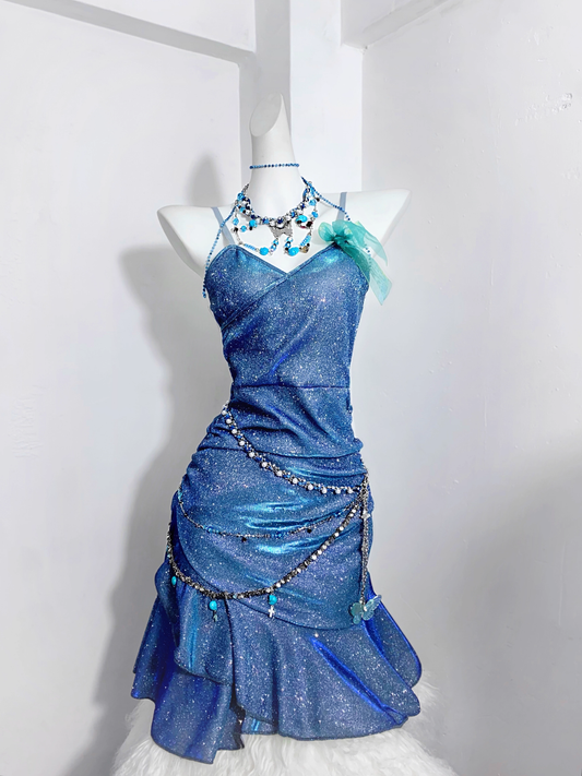 Glitter Spaghetti Straps Navy  Blue Ruffles Short Homecoming Dress Birthday Outfits  S607