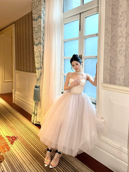 Princess A Line Spaghetti Strap White Tulle Birthday Dress Party Dress SH3400