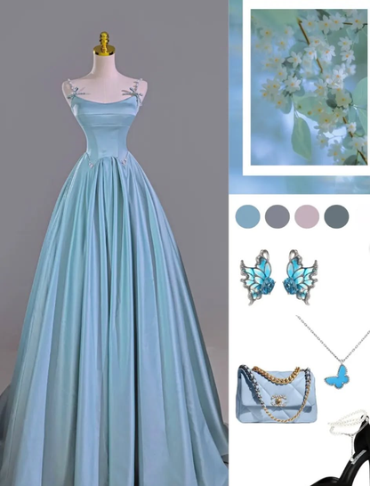 Blue A Line Spaghetti Strap Pearl Bow Satin Prom Dress Graduation Prom Dress SH2463