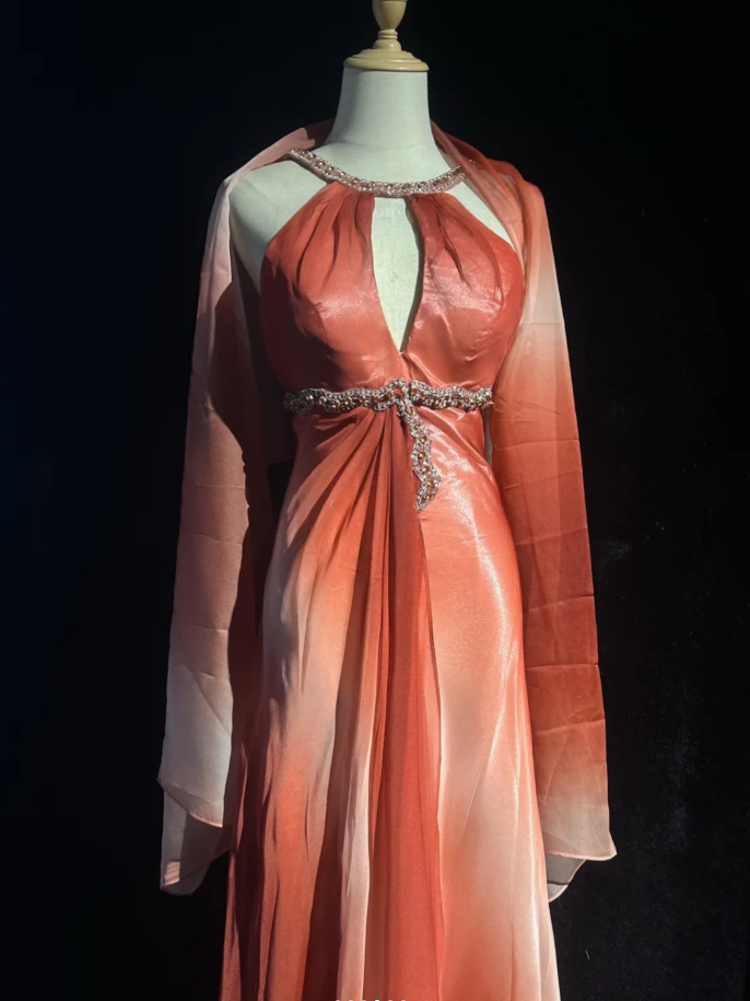 Chic Ombre Orange Chiffon Beaded Long Party Dress Evening Gowns D1936