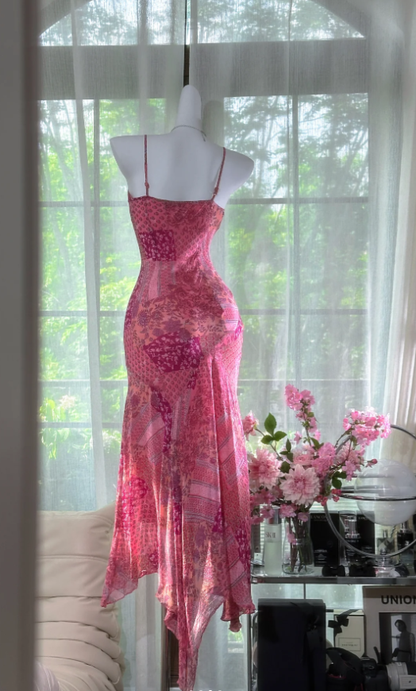 Unique Pink Spaghetti Straps Chiffon V Neck Mermaid Party Dress Long Prom Dress D978