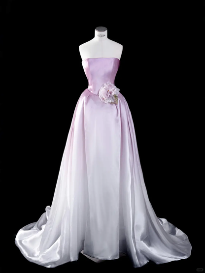 Pink Ombre A Line Strapless Flower Satin Party Dress Evening Dress SH3378
