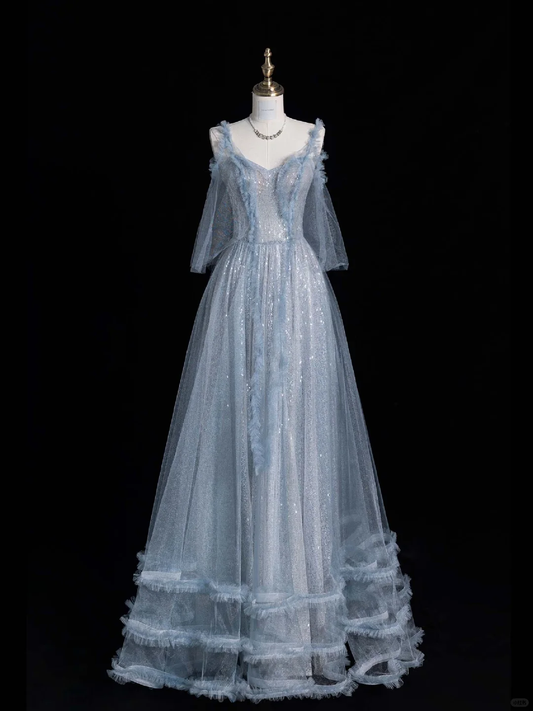Shiny A Line Spaghetti Strap Blue Tulle Silver Sequin Long Evening Dresses Party Dresses SH2675