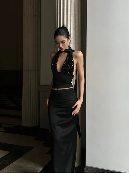 Sexy Two Piece Sheath Halter Black Sequin Satin Prom Dress Evening Dress Formal Gown SH3930