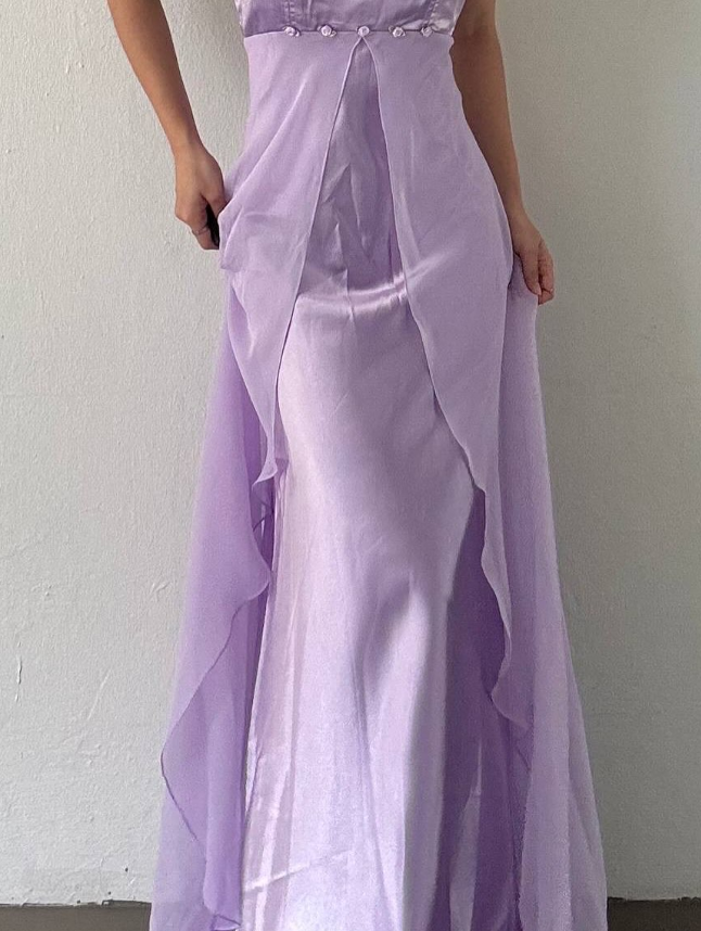 Lilac A Line Spaghetti Strap Satin Tulle Long Prom Dress Evening Dress SH2481