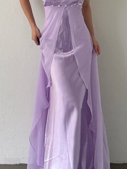 Lilac A Line Spaghetti Strap Satin Tulle Long Prom Dress Evening Dress SH2481