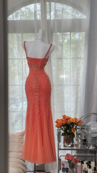 Vintage Mermaid Spaghetti Strap Exquisite Rhinestone Tulle Prom Dress Wedding Guest Dress SH4551