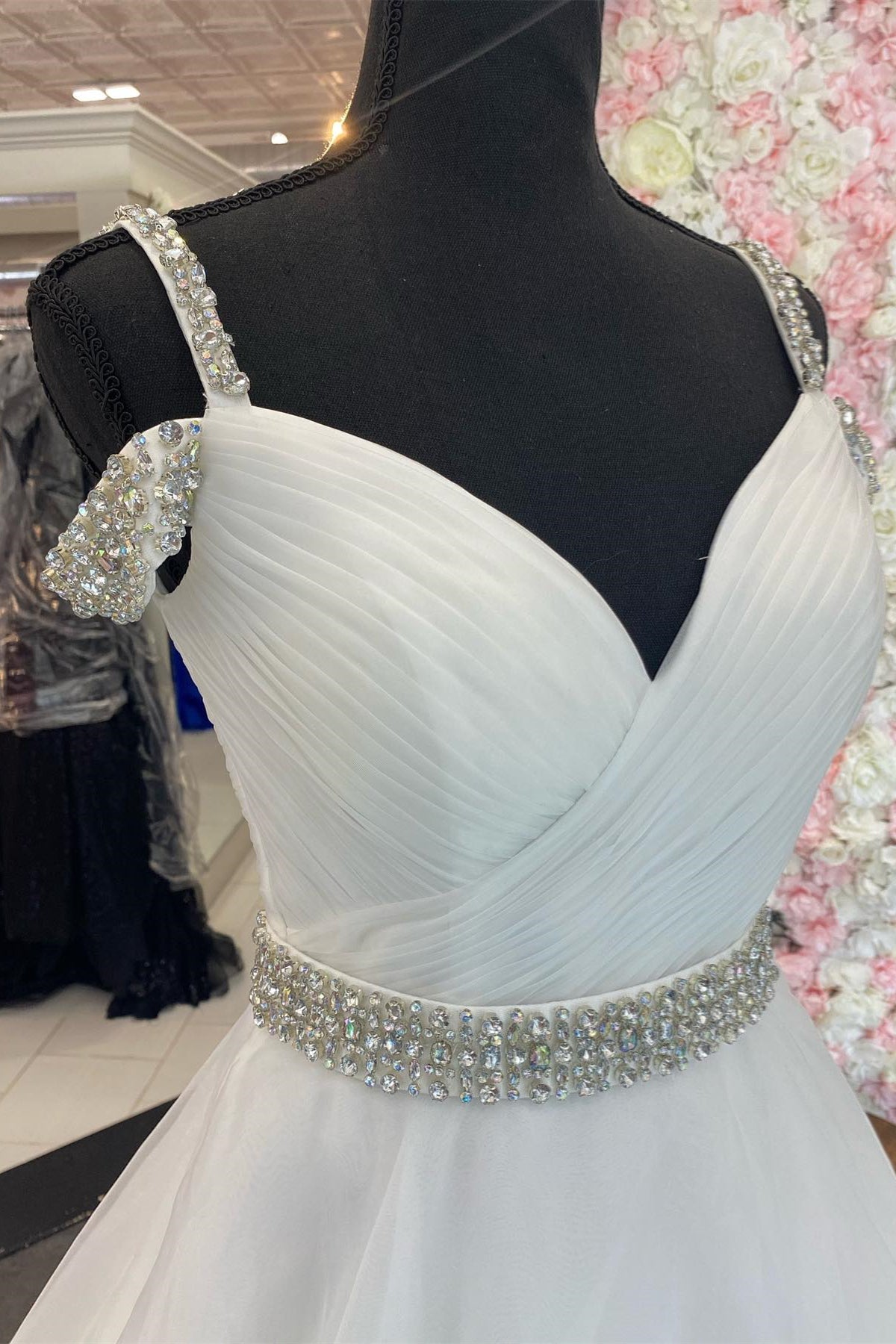 White Off-the-Shoulder Beaded A-line Tulle Long Prom Dress