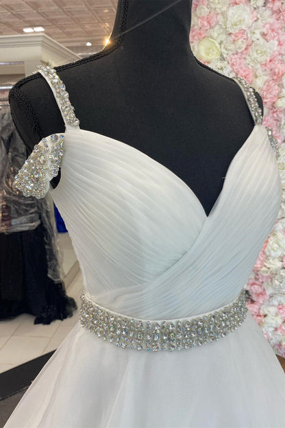 White Off-the-Shoulder Beaded A-line Tulle Long Prom Dress