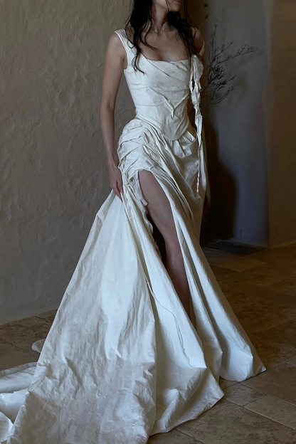 Stunning A Line Off the Shoulder Satin Long Prom Dress Evening Dress with Slit SH2268