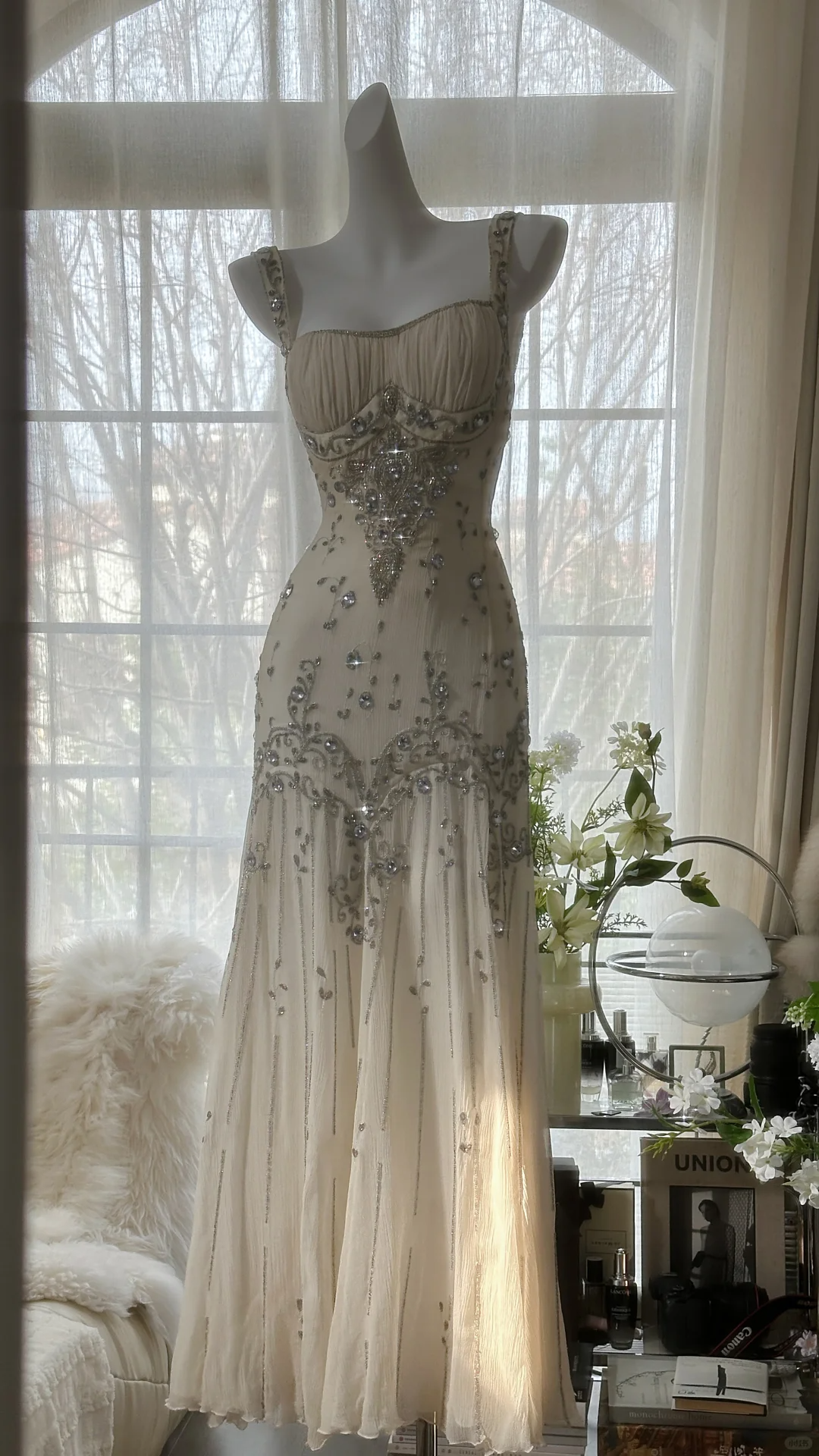 Elegant Ivory Straps Sheath Chiffon Beaded Vintage Long Evening Party Dresses, D1074