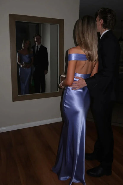 Simple Sheath Off the Shoulder Blue Satin Open Back Prom Dress Evening Dress SH2532