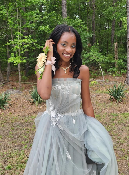 Pretty A Line Strapless Appliques Grey Tulle Long Prom Dress Evening Dress SH2200