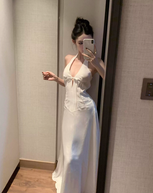 White A Line Halter Beaded Satin Open Back Prom Dress Evening Dress SH3764