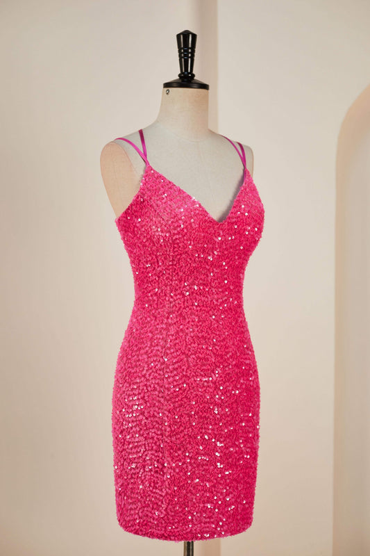 Hot Pink Sequins Sheath Deep V Neck Lace-Up Homecoming Dress