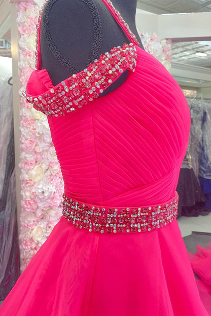 White Off-the-Shoulder Beaded A-line Tulle Long Prom Dress