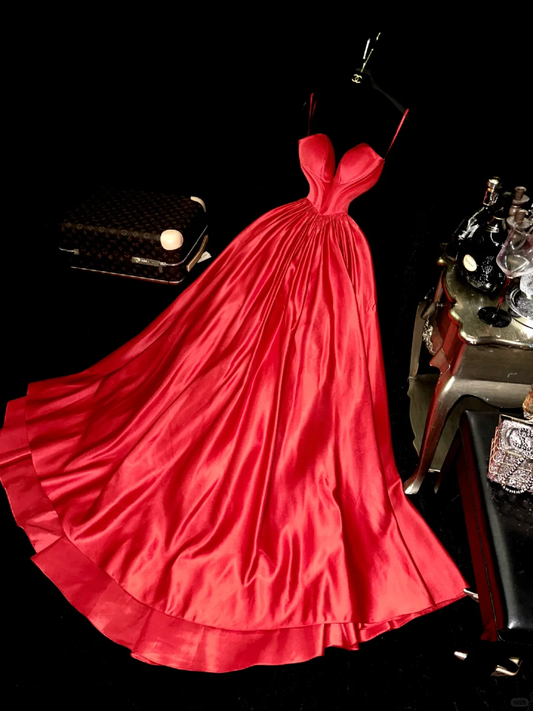 Simple A Line Sweetheart Neck Red Satin Long Prom Dress Evening Dress SH3106