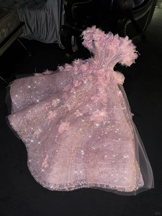 Princess A Line Off the Shoulder Pink Feather Flower Sequin Prom Dress Evening Dress SH2976