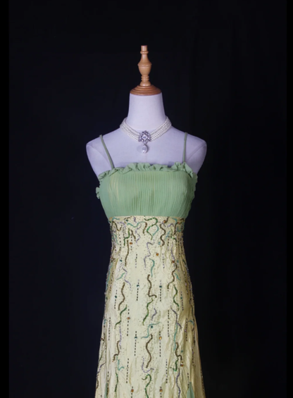 Chic Spaghetti Straps Yellow-green Satin Beaded Mermaid Long Party Dress Birthday Evening Gown With Ruffles D2267