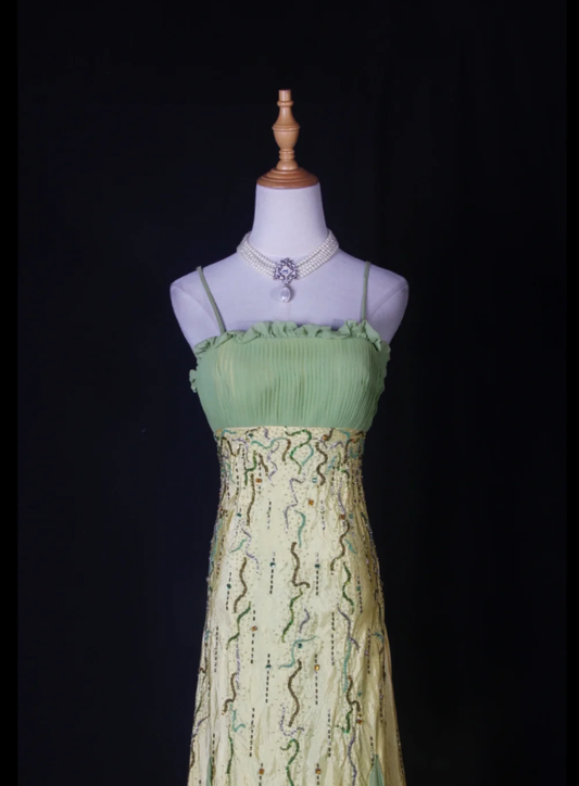 Chic Spaghetti Straps Yellow-green Satin Beaded Mermaid Long Party Dress Birthday Evening Gown With Ruffles D2267