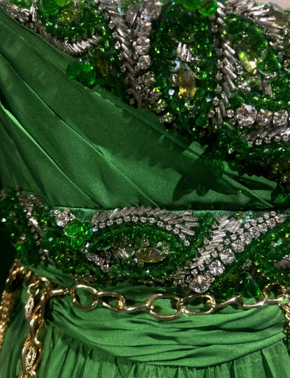 Gorgeous Green One Shoulder Satin Beaded Long Party Dress Birthday Dress SP1859