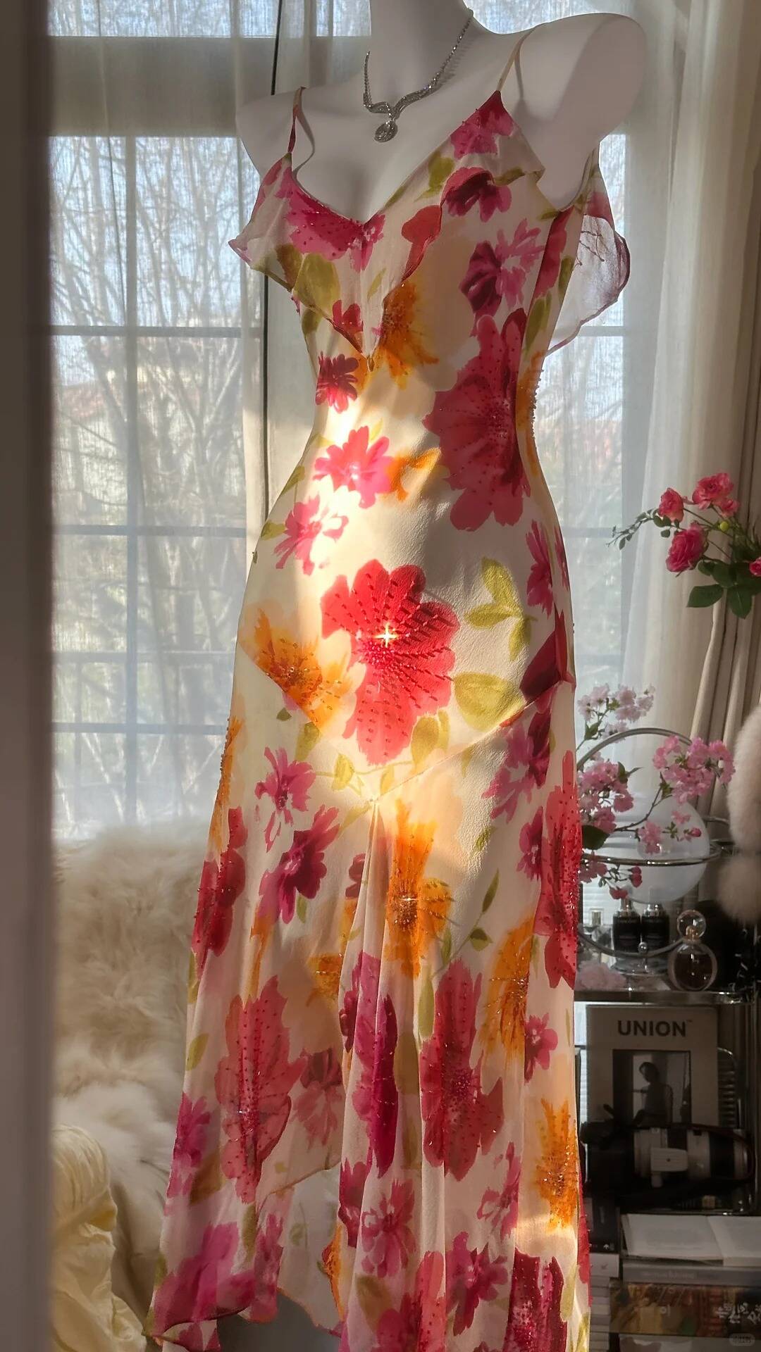 Flowy Mermaid Spaghetti Strap Print Flower Beaded Chiffon Party Dress SH3291
