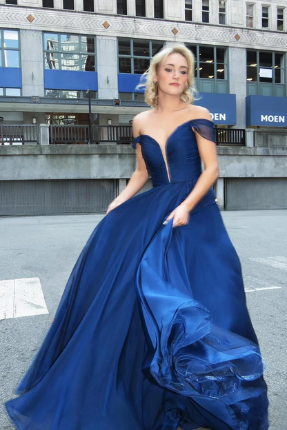 Navy Blue A Line Off the Shoulder V Neck Tulle Long Prom Dress Evening Dress SH2138