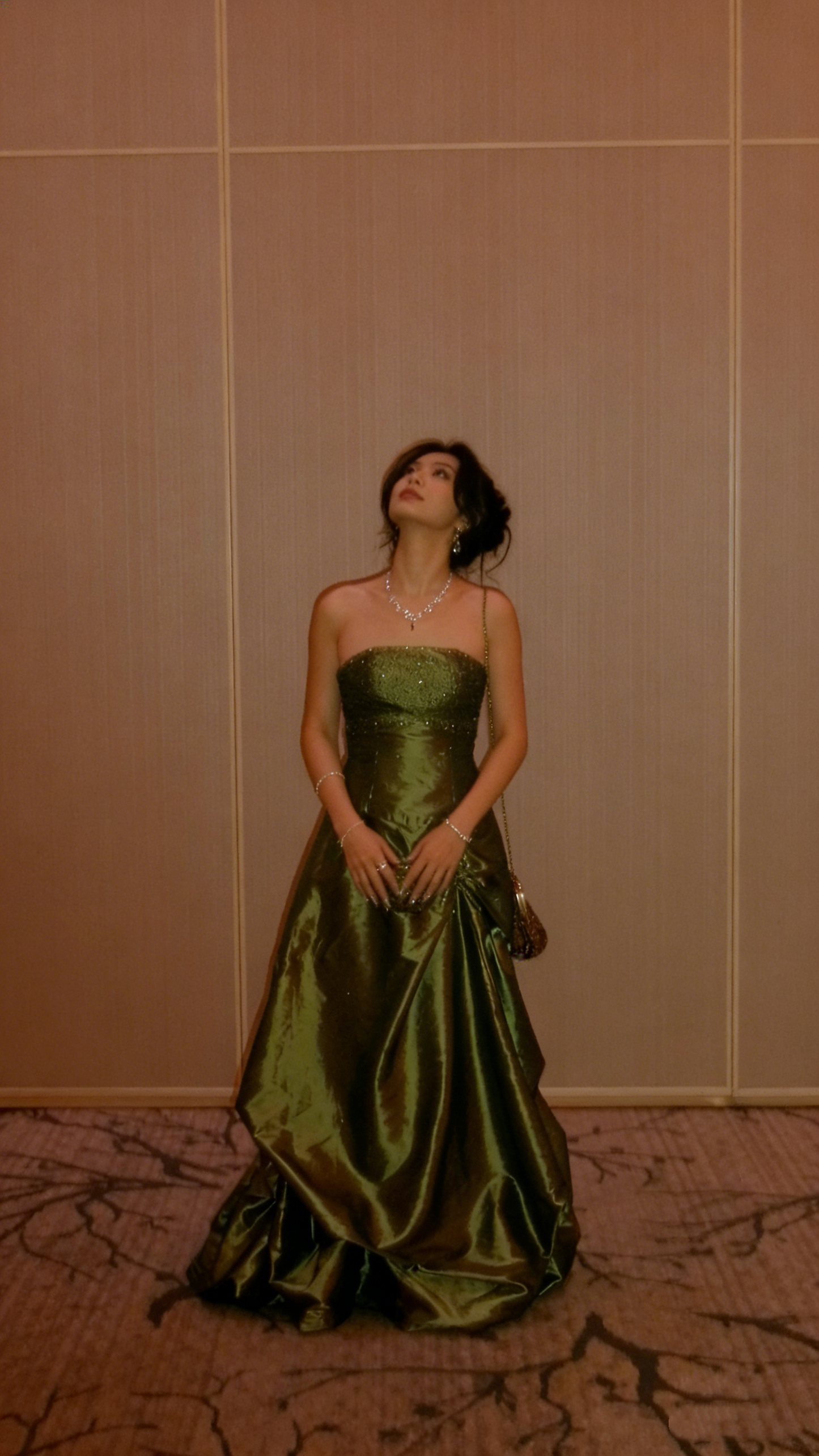 Elegant Olive Green Strapless Satin Sequin Long Birthday Party Dress Evening Gown  D1505