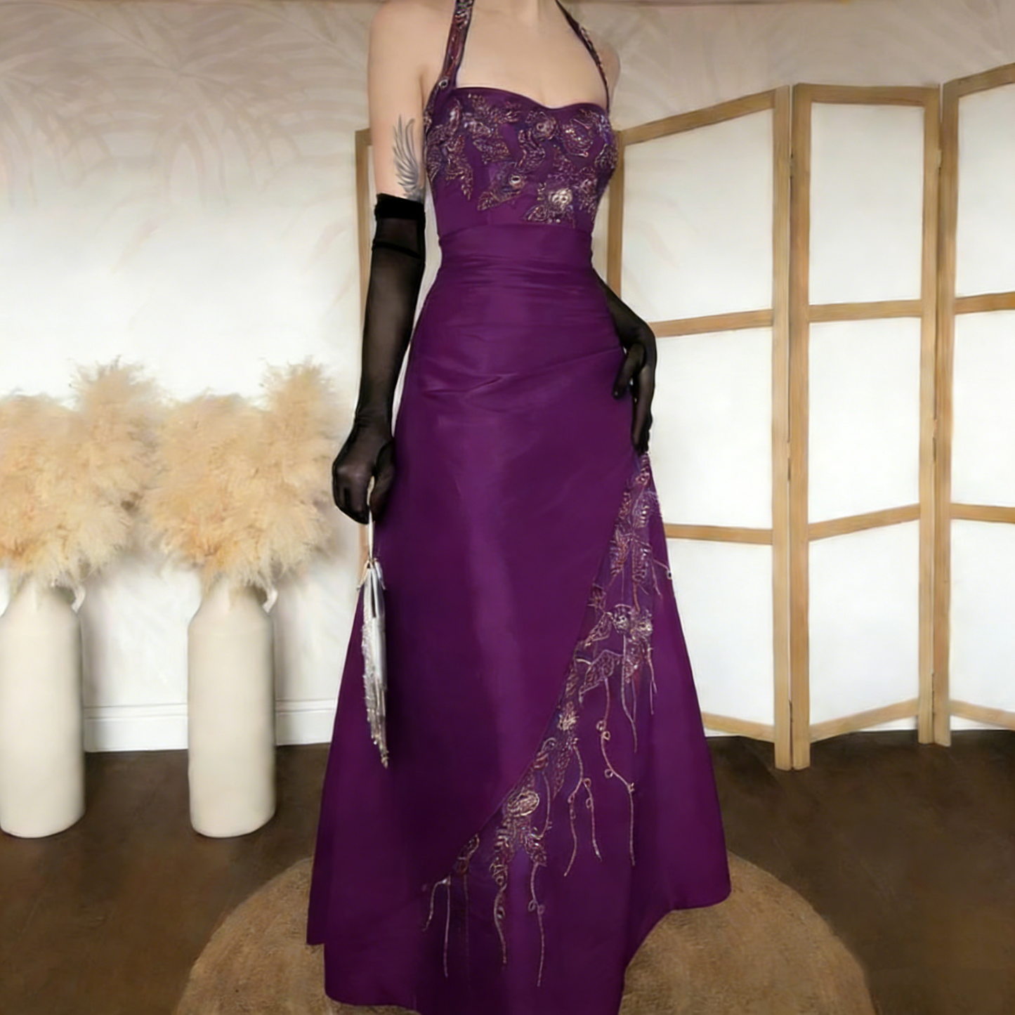 Vintage Halter Brown Satin Beaded Mermaid Evening Dress Long Party Dress Prom Gown With Gloves D1906