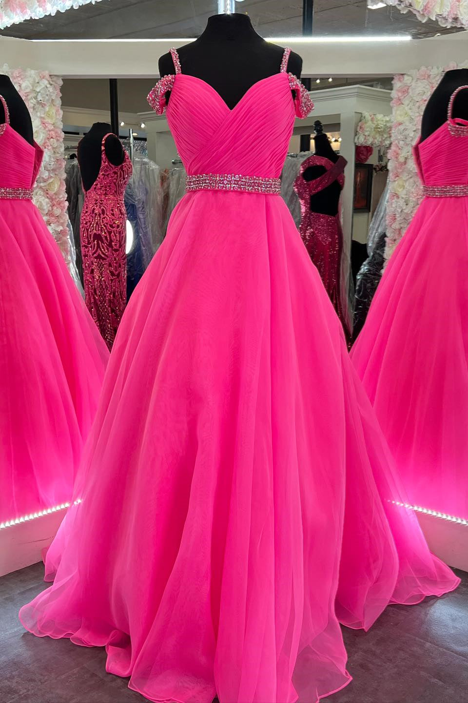 White Off-the-Shoulder Beaded A-line Tulle Long Prom Dress