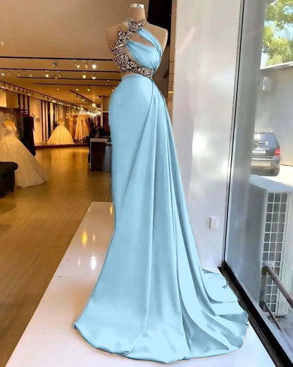 Satin Stunning Beading Sleeveless Long Prom Dress with Ruffle