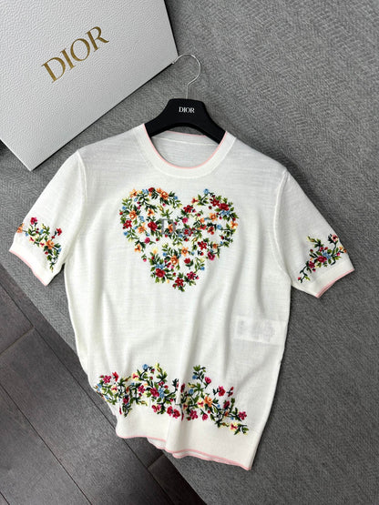 CD Dioramour Short-Sleeved Embroidered Sweater White Wool 349487