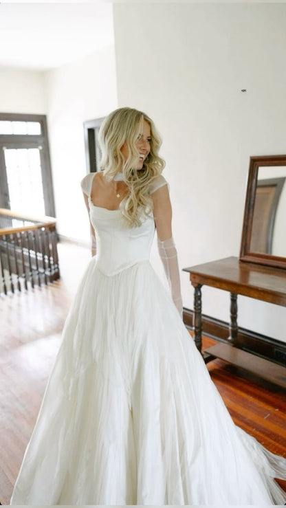 Simple Classic White A Line Strap Satin Tulle Long Prom Dress Wedding Dress SH3657