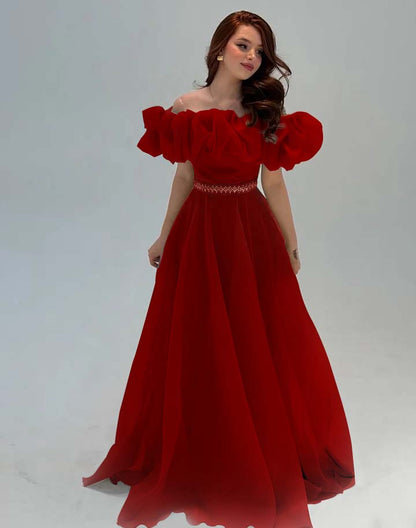 Fashionable Off-The-Shoulder Rhinestone A-Line Tulle Evening Dress