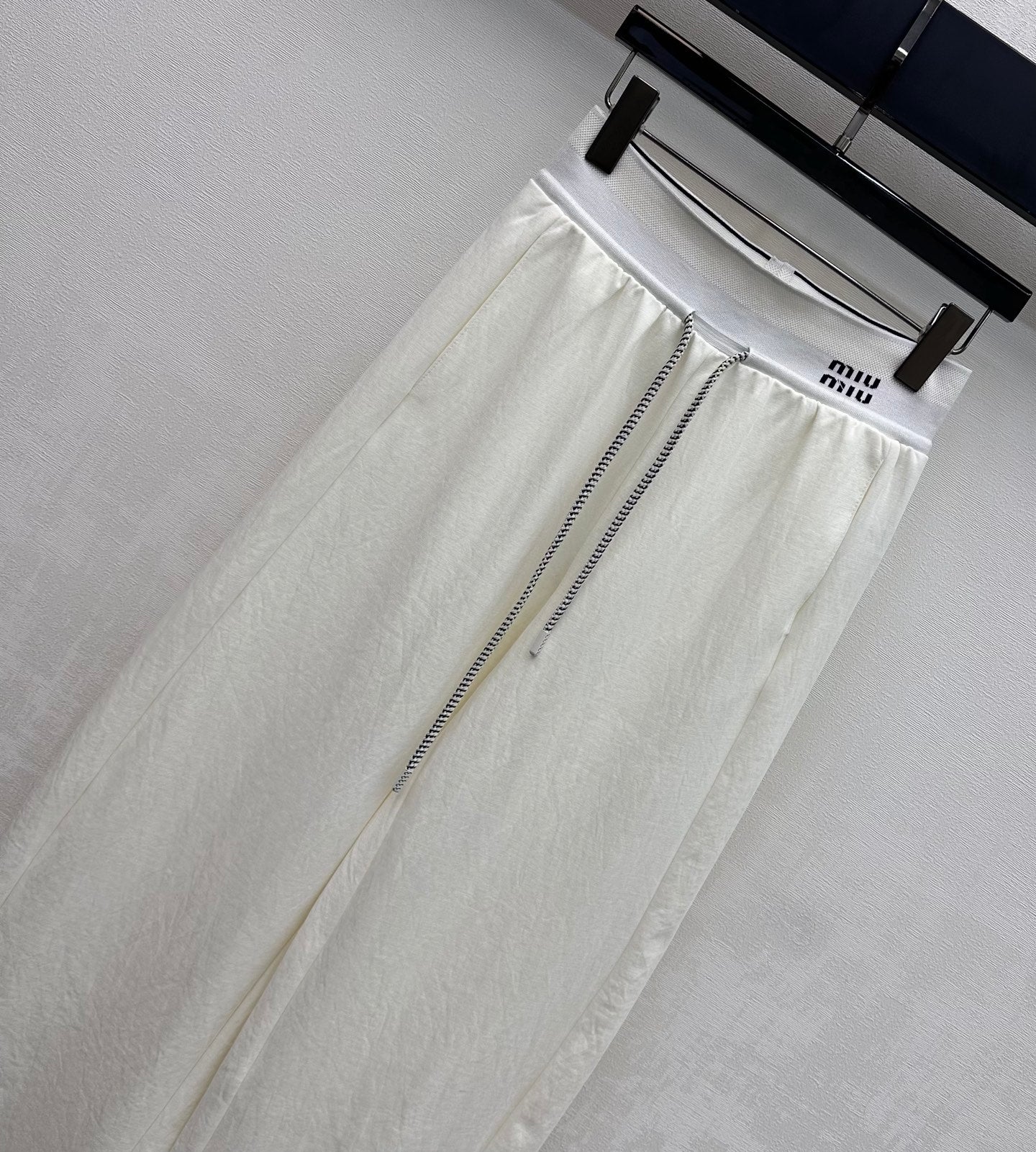 Miu Drawstring Webbing Pants White Tencel Cotton Fabric 350207