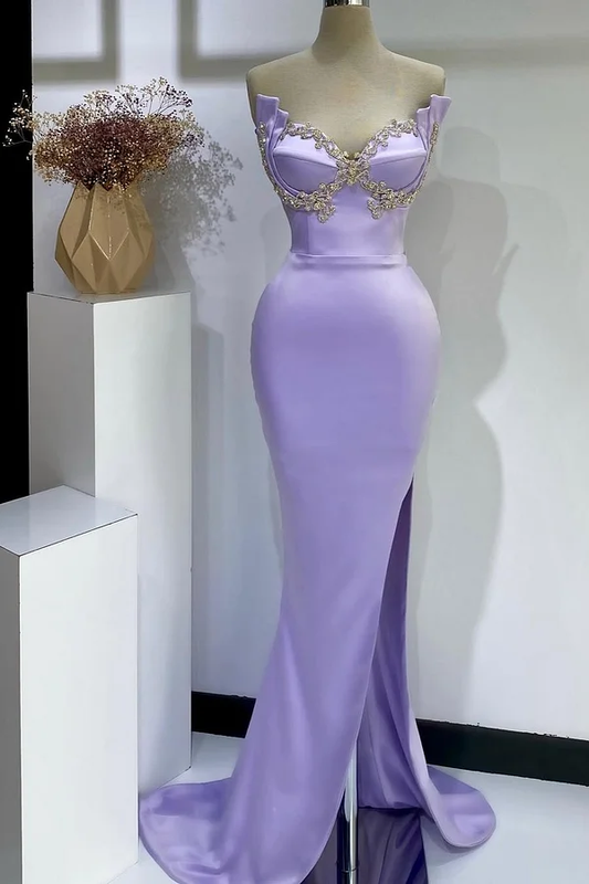 Purple Sleeveless Strapless Mermaid V-Neck Beads Prom Dress