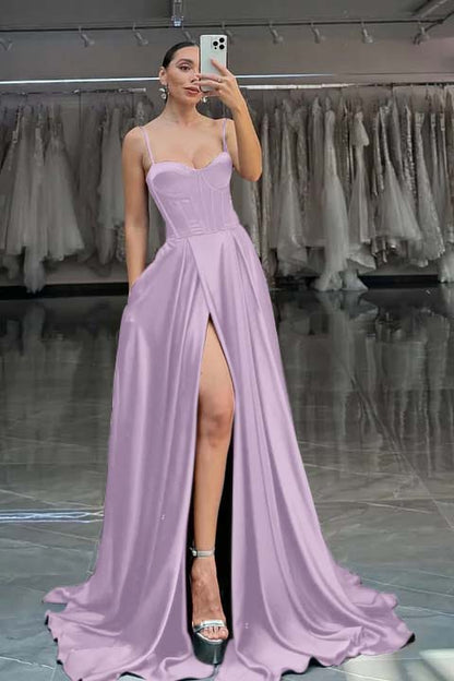 Red Spaghetti Straps A-Line Long Prom Dress With Pleated