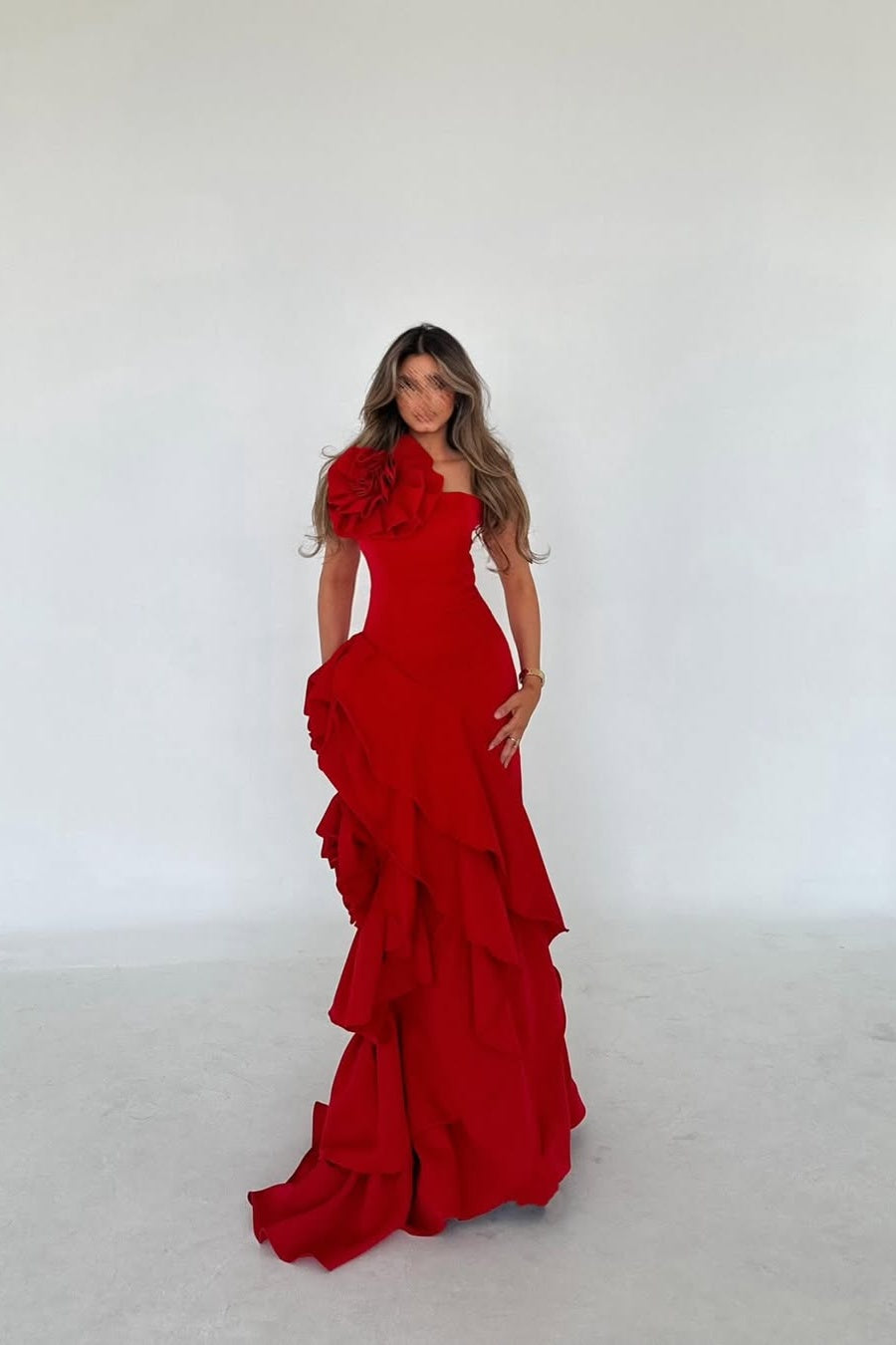 Red Stunning Sleeveless Mermaid Ruffles Evening Dress With Flower