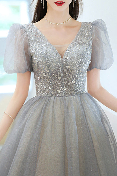 Grey V-Neck Long Evening Dress With Short Sleeves Sequins Elegant