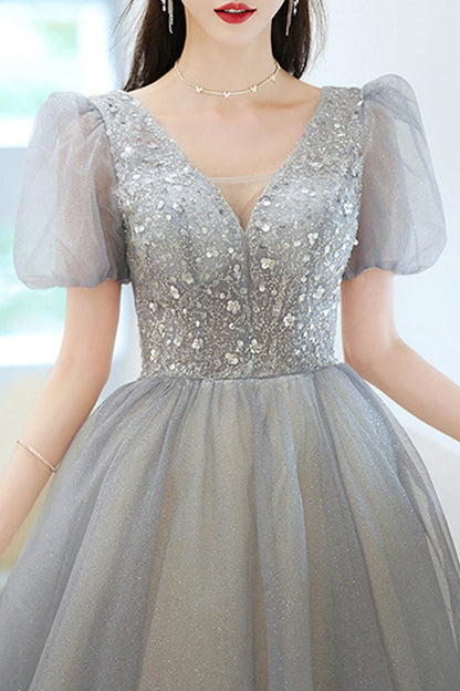 Grey V-Neck Long Evening Dress With Short Sleeves Sequins Elegant