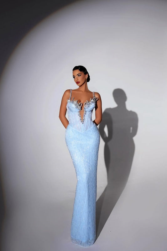 Deep V-Neck Sleeveless Spaghetti Straps  Mermaid Prom Dress