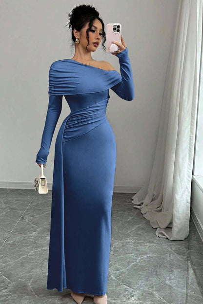 Long Sleeves One-Shoulder Pleated Mermaid Prom Dress