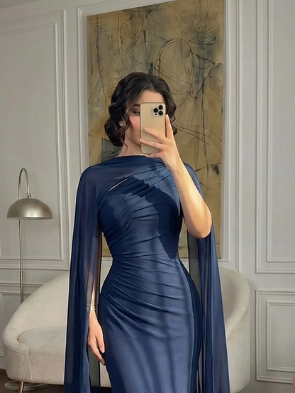 Fashionable Dark Navy Asymmetric Sleeveless Pleated Prom Dress With Scarf