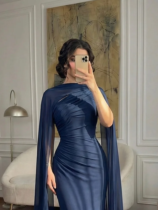 Fashionable Dark Navy Asymmetric Sleeveless Pleated Prom Dress With Scarf