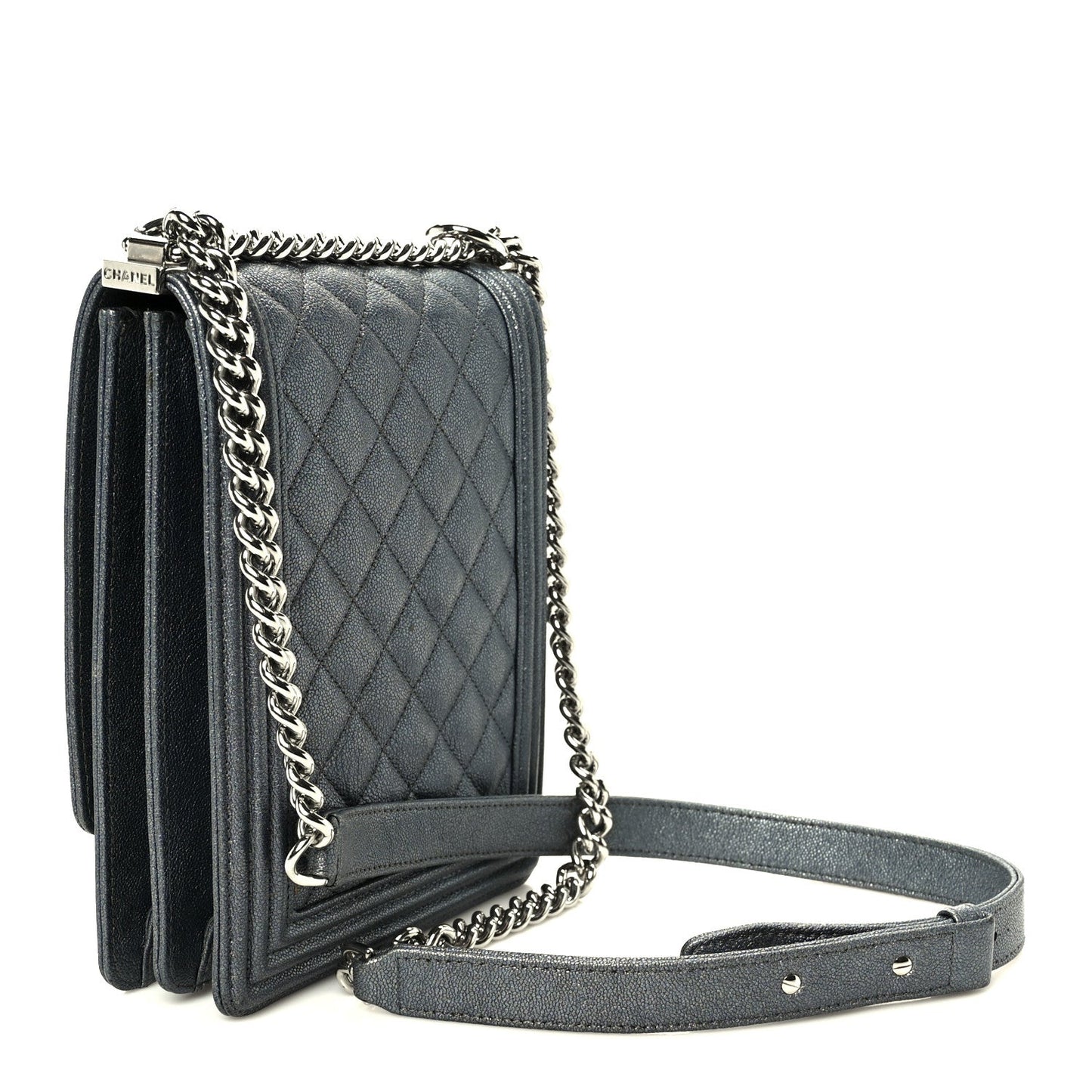 Iridescent Caviar Quilted North South Boy Flap Silver