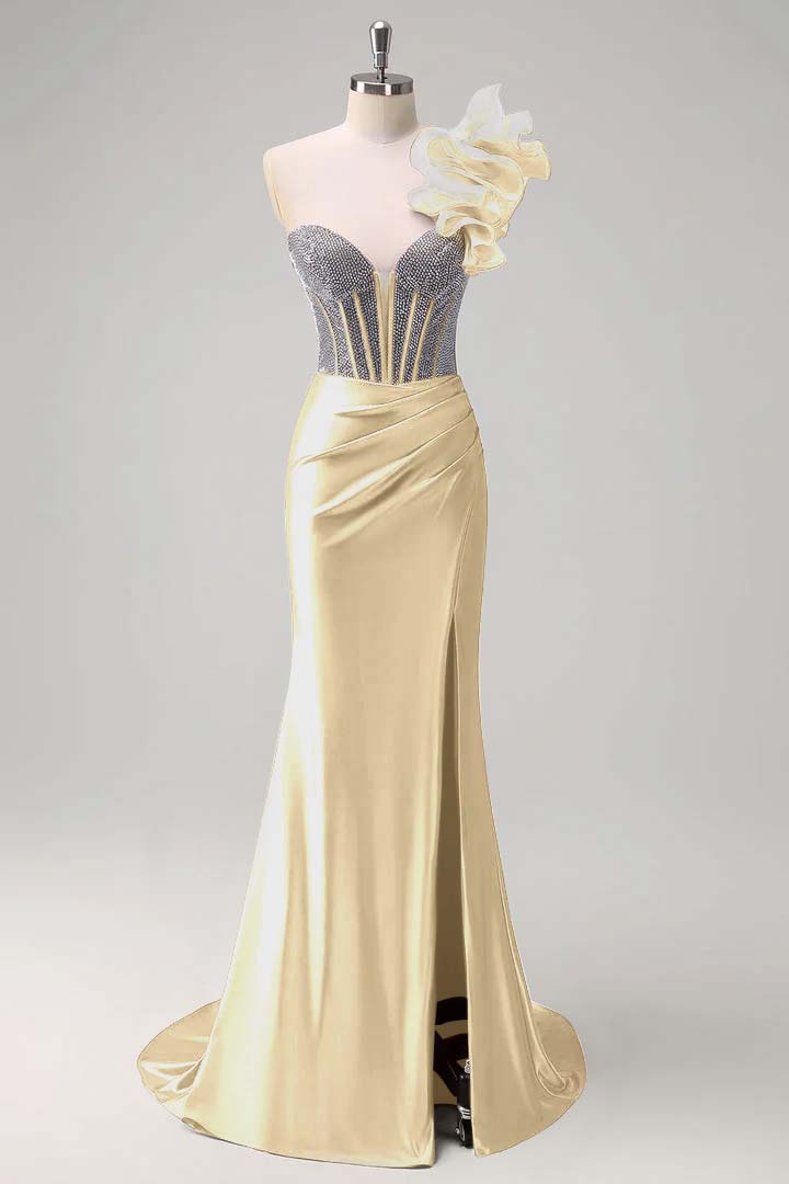 Strapless Handmade Flower Backless Mermaid Slit Prom Dress With Beading