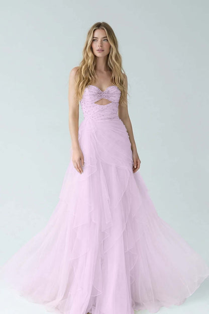 White Sweetheart A-Line Evening Dress Floor Length Pleated with Rhinestone