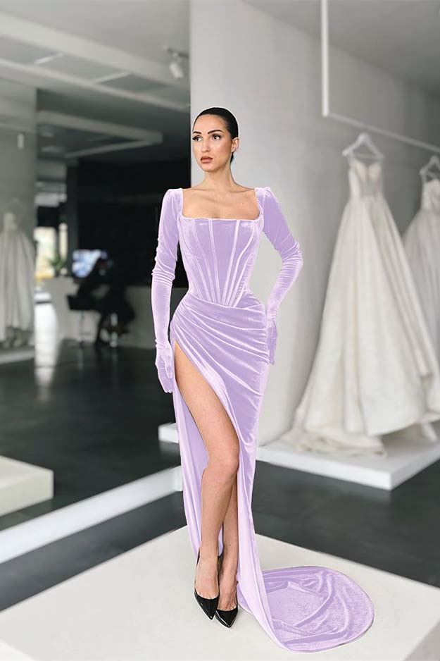 Square Long Sleeves Prom Dress With Slit